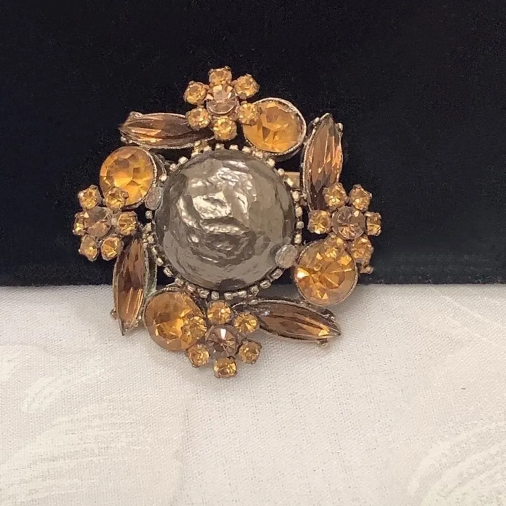 Vintage Amber Rhinestones And Baroque Pearl Brooch